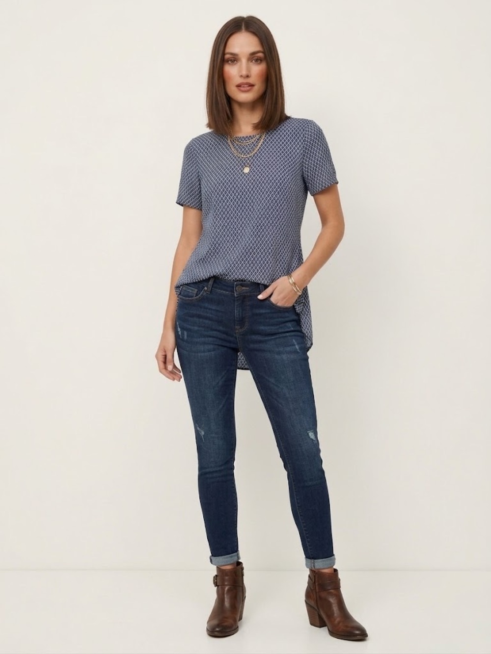 Michael Kors Navy Patterned Short-Sleeve Blouse High Low Size Small